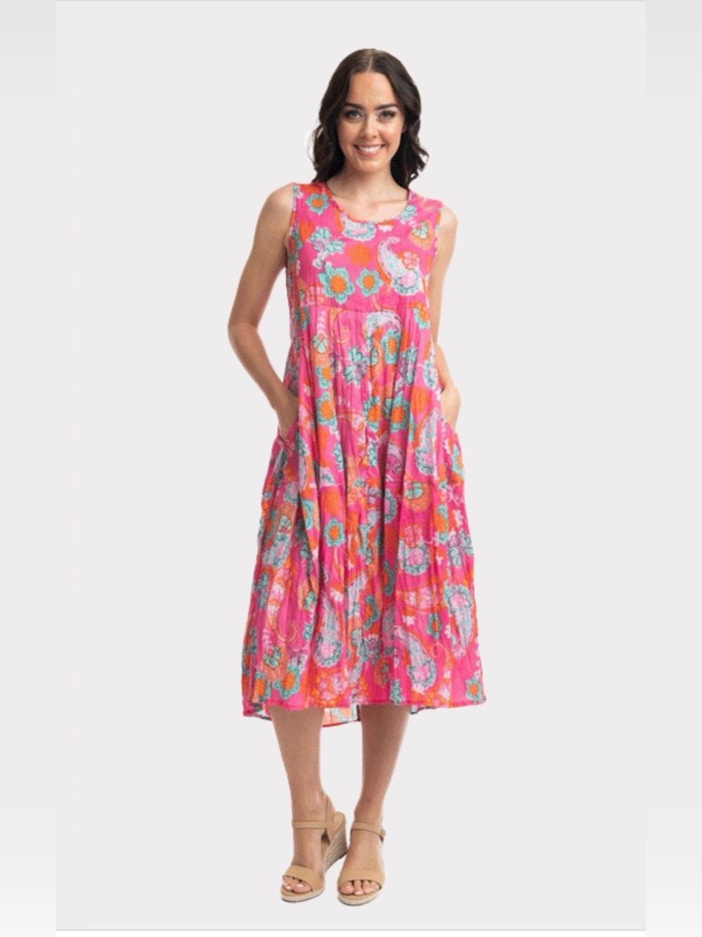 Orientique Naturally Bubble Sleeveless Pink Floral Midi Symi  Dress Size M